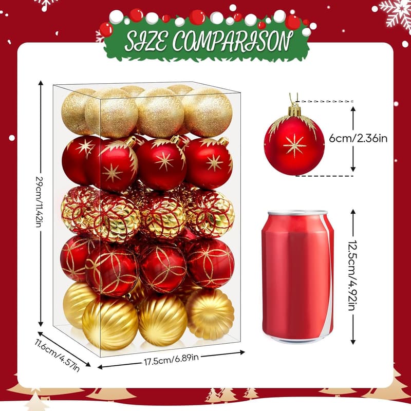Christmas Shatterproof Ornaments - 30 Pcs Red & Gold