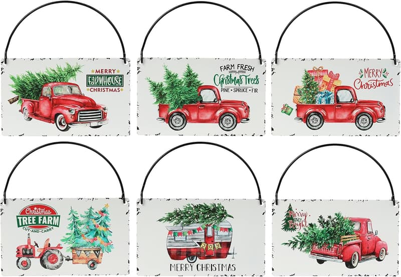 Rustic Red Truck Ornaments Set of 6 for Holiday Decorating