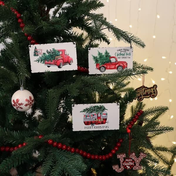 Rustic Red Truck Ornaments Set of 6 for Holiday Decorating