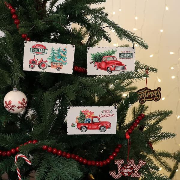 Rustic Red Truck Ornaments Set of 6 for Holiday Decorating