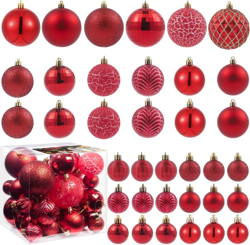 Red Shatterproof Christmas Tree Ornament Set, 36 pcs