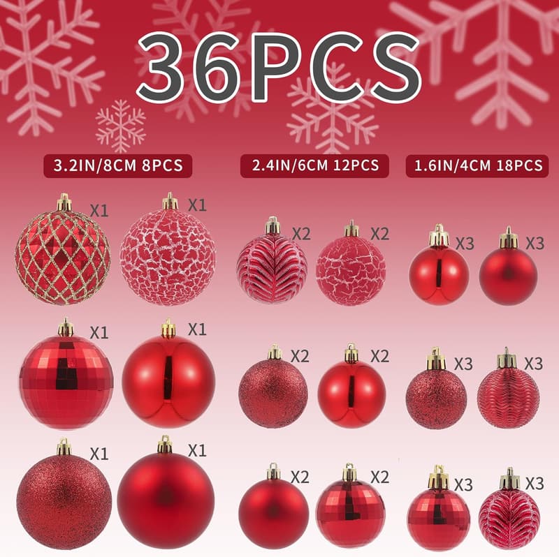 Red Shatterproof Christmas Tree Ornament Set, 36 pcs