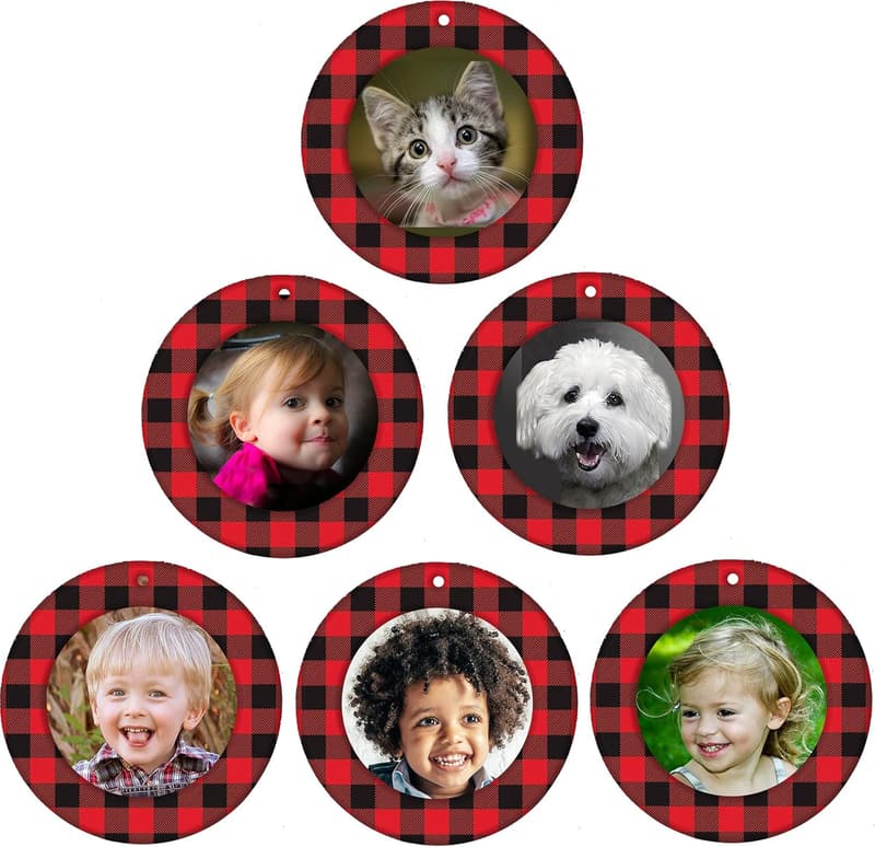 Rustic Buffalo Plaid Christmas Photo Ornaments - 6-Pack