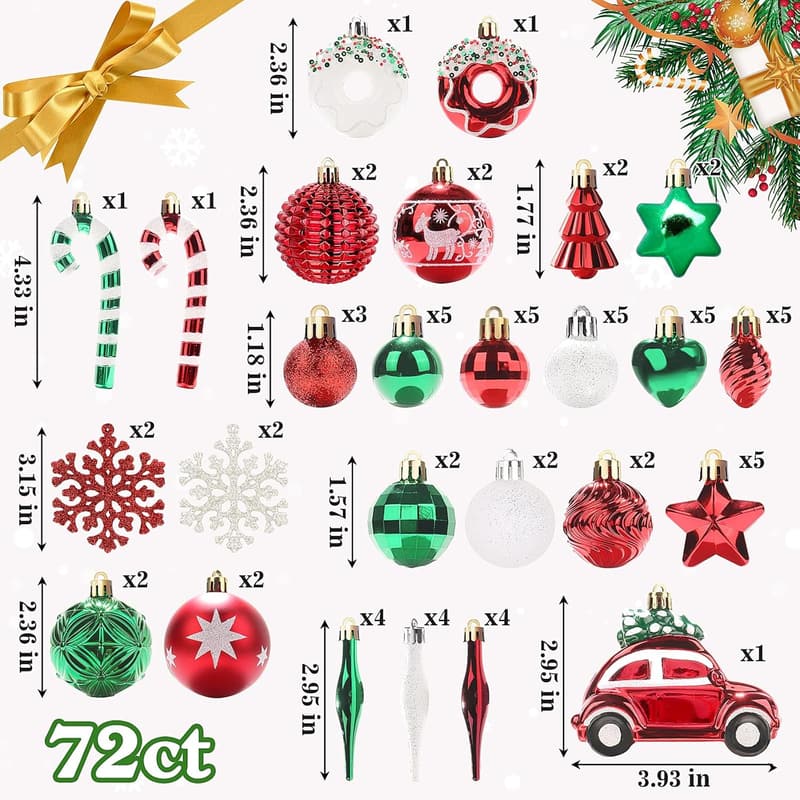 72 Count Shatterproof Christmas Ornaments – Red & Green