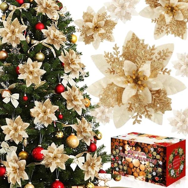 Glittery Red and Gold Poinsettia Christmas Ornaments - 12 Pcs