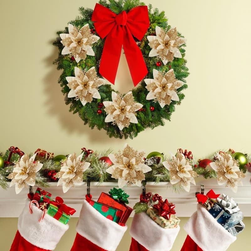 Glittery Red and Gold Poinsettia Christmas Ornaments - 12 Pcs