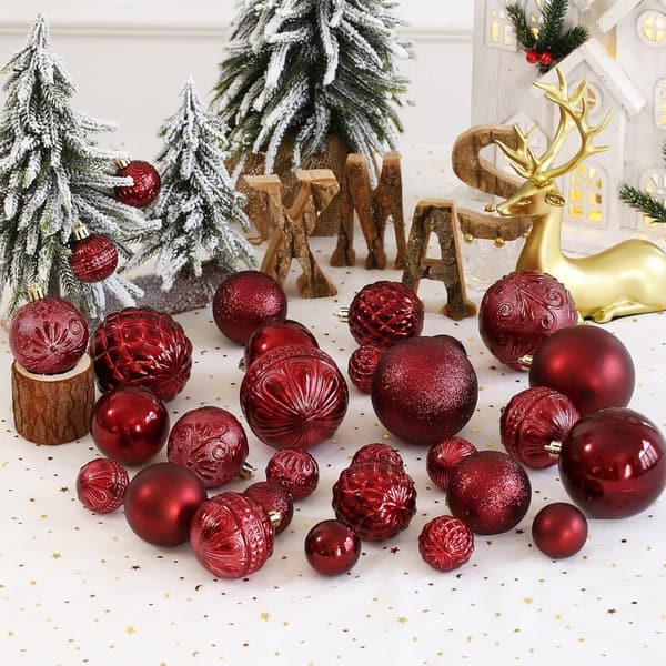 36pcs Shatterproof Wine Red Christmas Ornaments Set