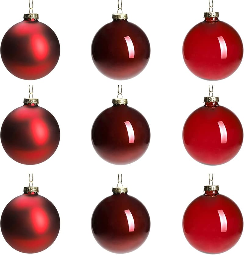 Deep Red Glass Christmas Ornaments Set, 9 Hanging Baubles