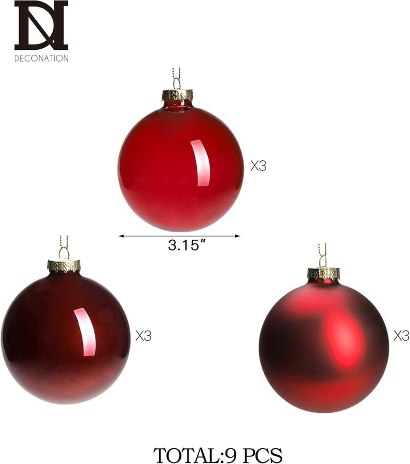 Deep Red Glass Christmas Ornaments Set, 9 Hanging Baubles