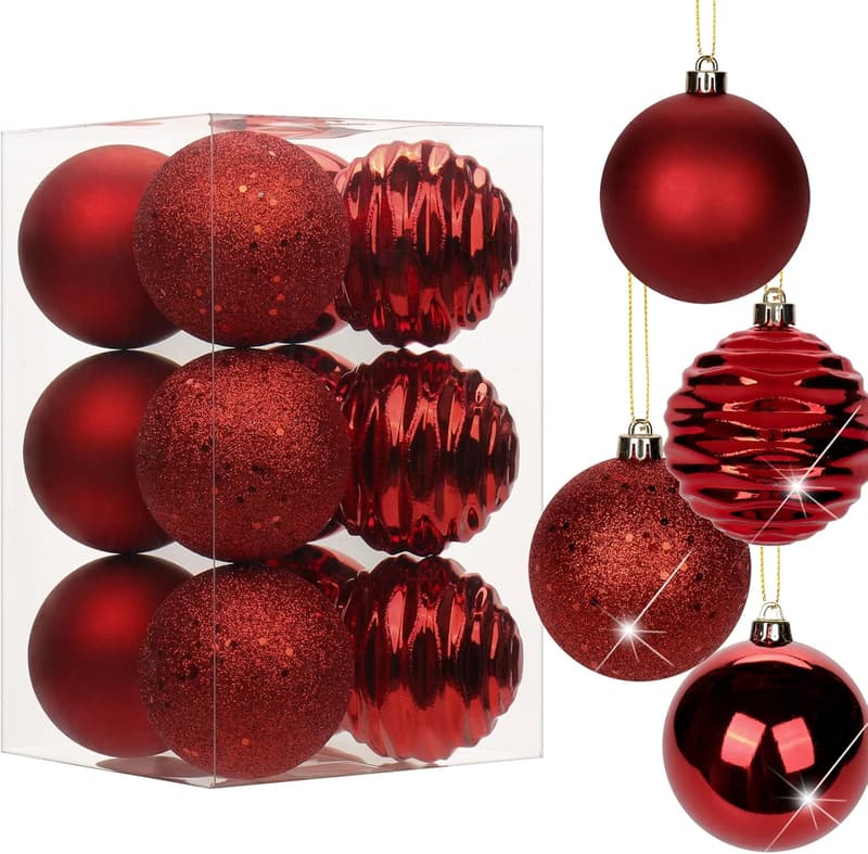 12 Pcs Red Shatterproof Christmas Ball Ornaments for Holiday Decor