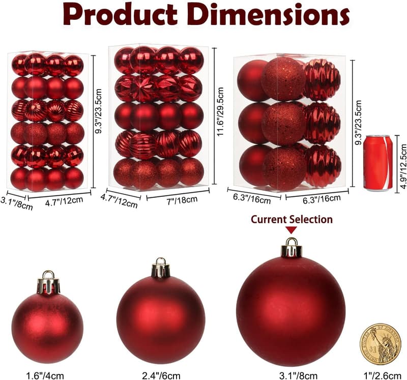 12 Pcs Red Shatterproof Christmas Ball Ornaments for Holiday Decor