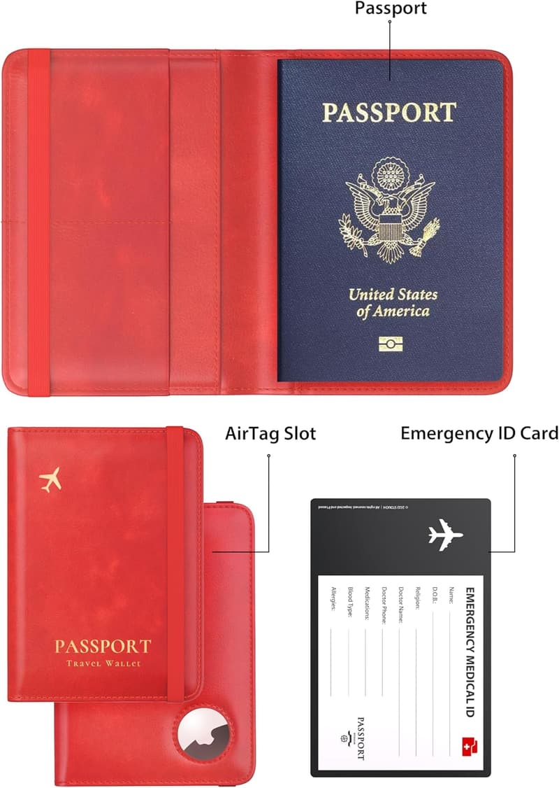 RFID Leather Passport Holder with AirTag Slot for Travel