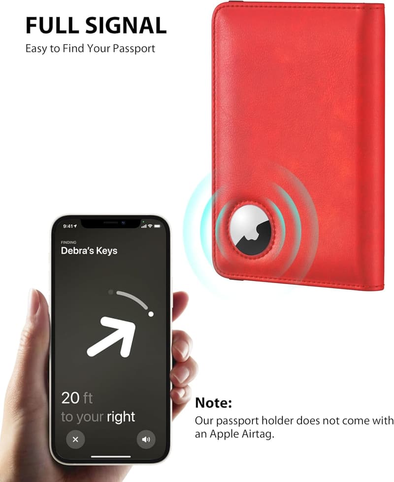 RFID Leather Passport Holder with AirTag Slot for Travel