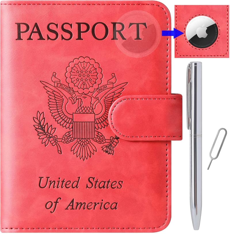 Leather RFID Blocking AirTag Passport Holder for Travel