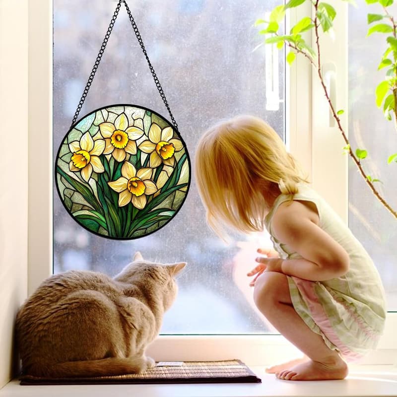 Daffodil Stained Glass Suncatcher for Birthdays, 7.8 in