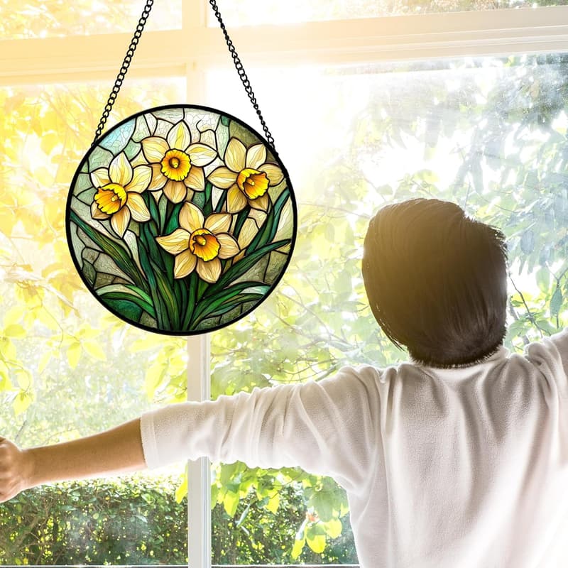 Daffodil Stained Glass Suncatcher for Birthdays, 7.8 in