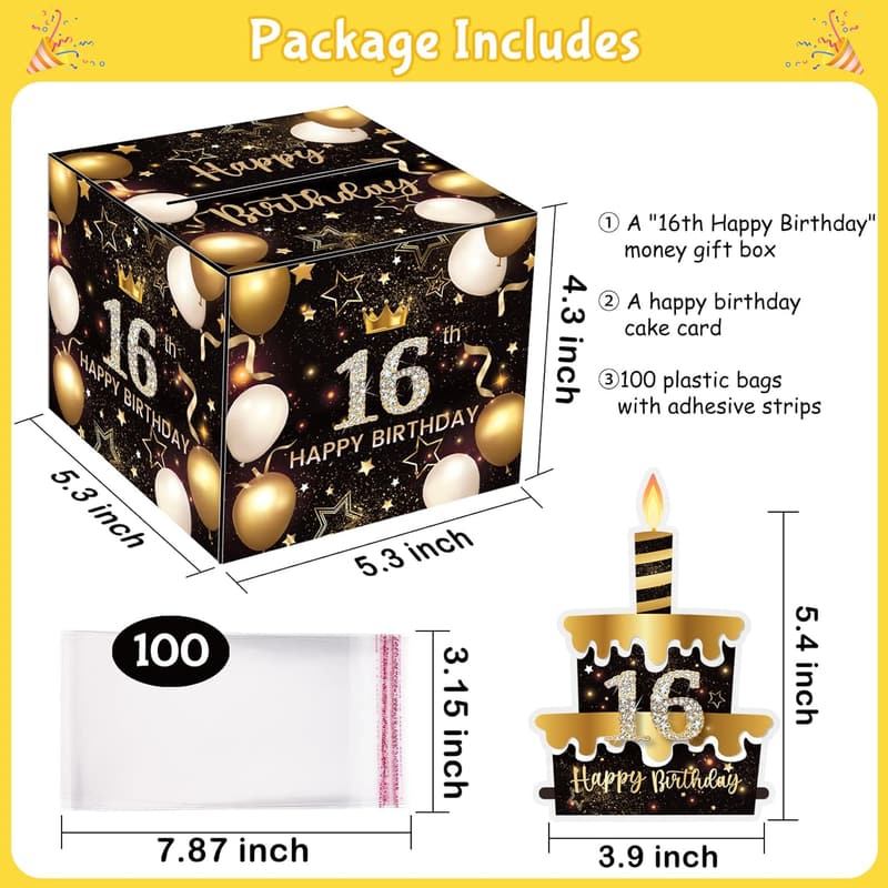 16th Birthday Cash Gift Box with 100 Pcs Bags