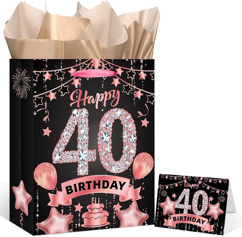 40th Birthday Gift Bag Set for Women - Rose Gold with Card & Tissue