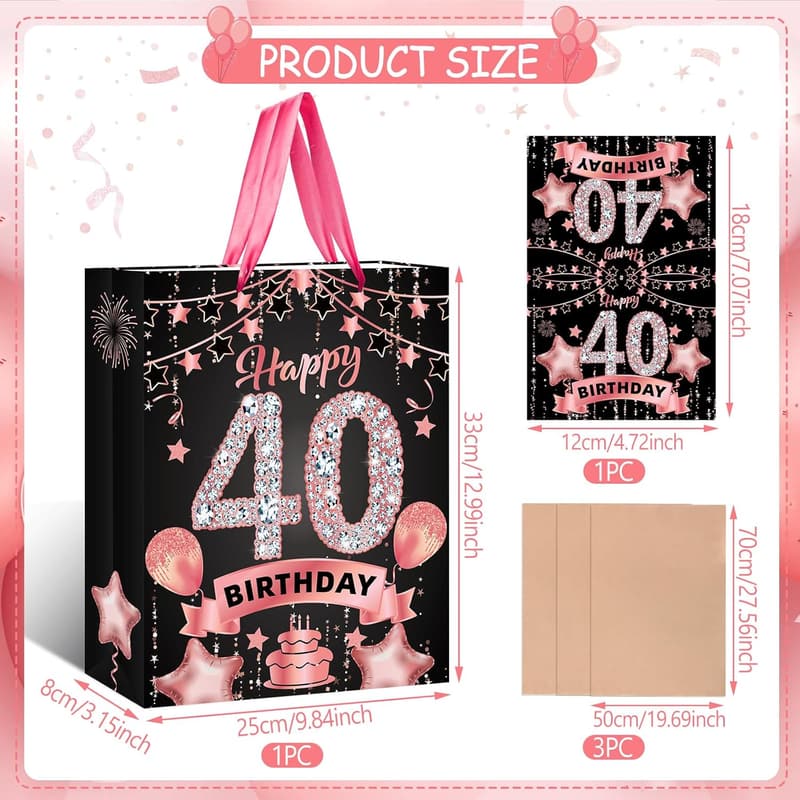 40th Birthday Gift Bag Set for Women - Rose Gold with Card & Tissue