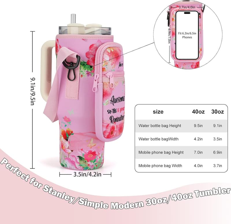 Neoprene Water Bottle Carrier with Phone Pocket for Stanley Tumbler