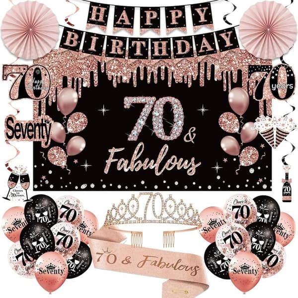 70th Birthday Decorations Kit for Women - 33pcs Rose Gold & Black