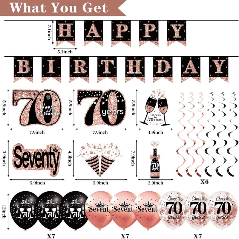 70th Birthday Decorations Kit for Women - 33pcs Rose Gold & Black