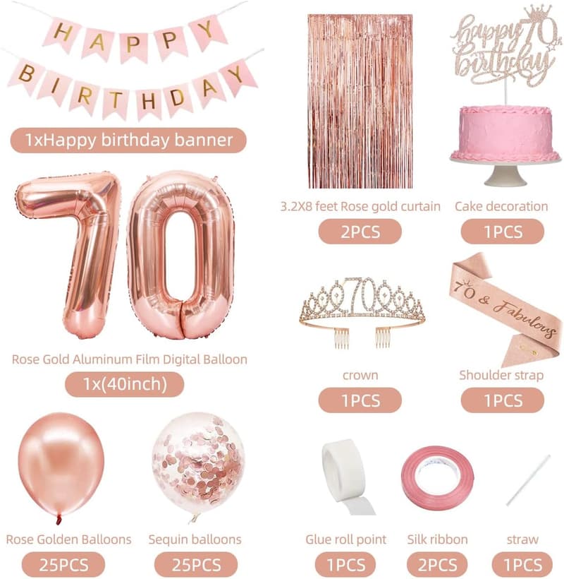 Rose Gold 70th Birthday Decorations Set for Women