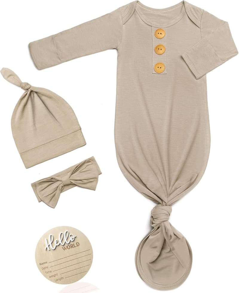 Personalized Newborn Announcement Knot Gown with Mitten Cuffs