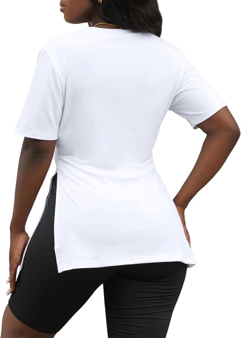 Summer Women's Sexy V-Neck Graphic Tee with Side Slit