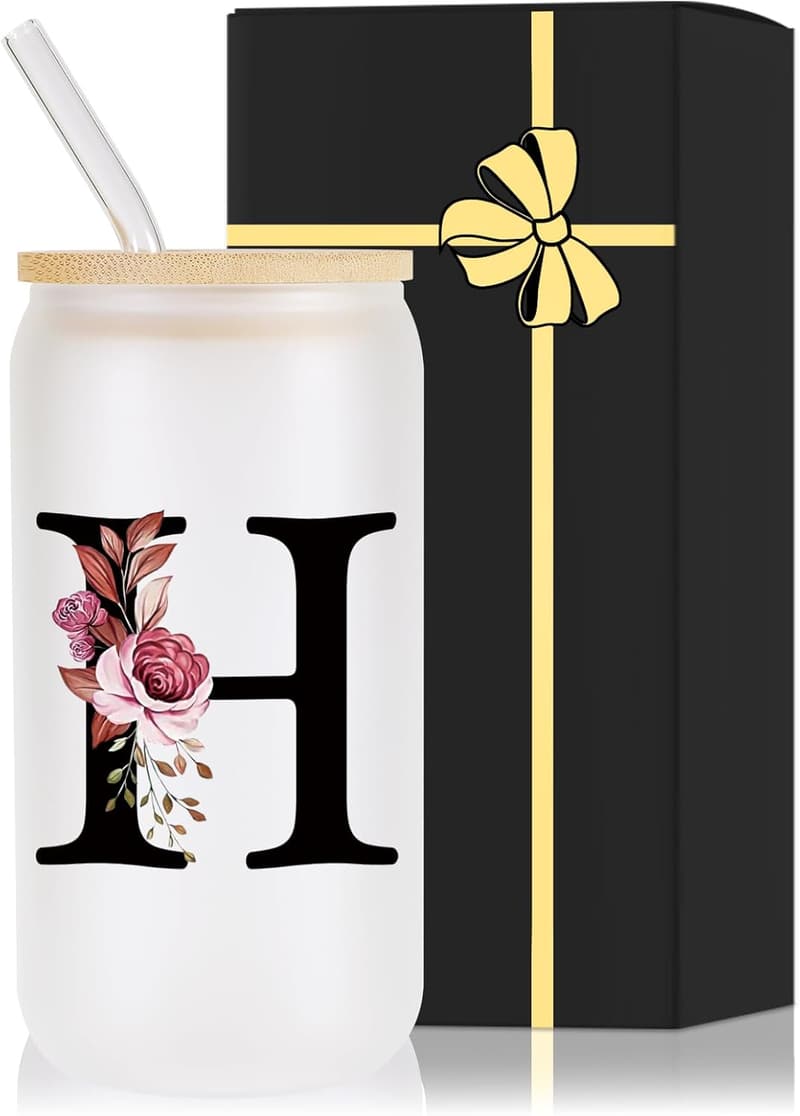 Bridal Shower Monogrammed Glass Cup with Lid & Straw