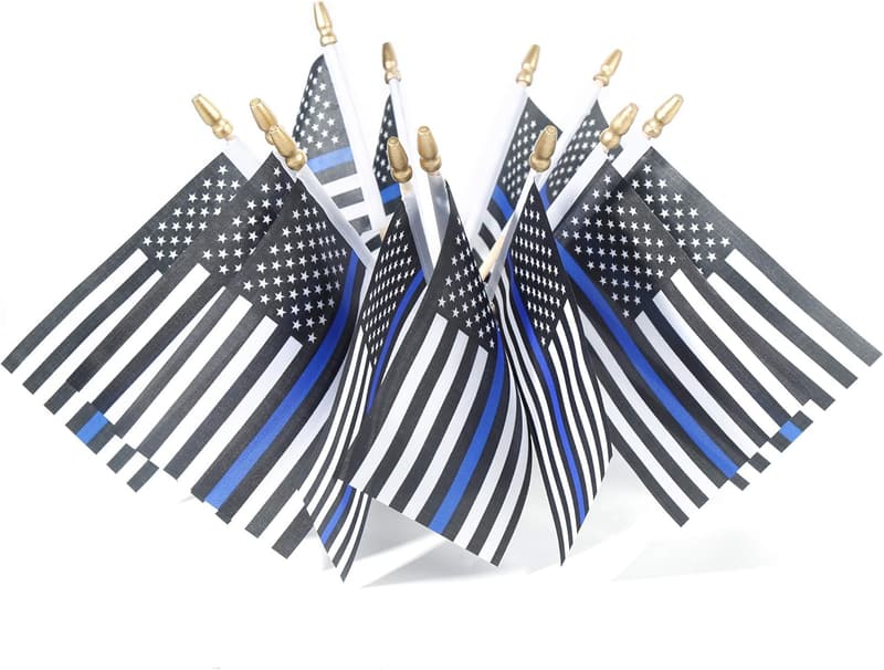 Thin Blue Line Mini American Flags on Sticks - 12 Pack