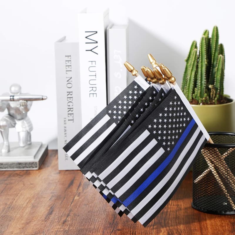 Thin Blue Line Mini American Flags on Sticks - 12 Pack