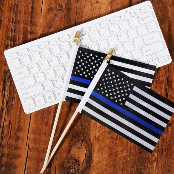 Thin Blue Line Mini American Flags on Sticks - 12 Pack