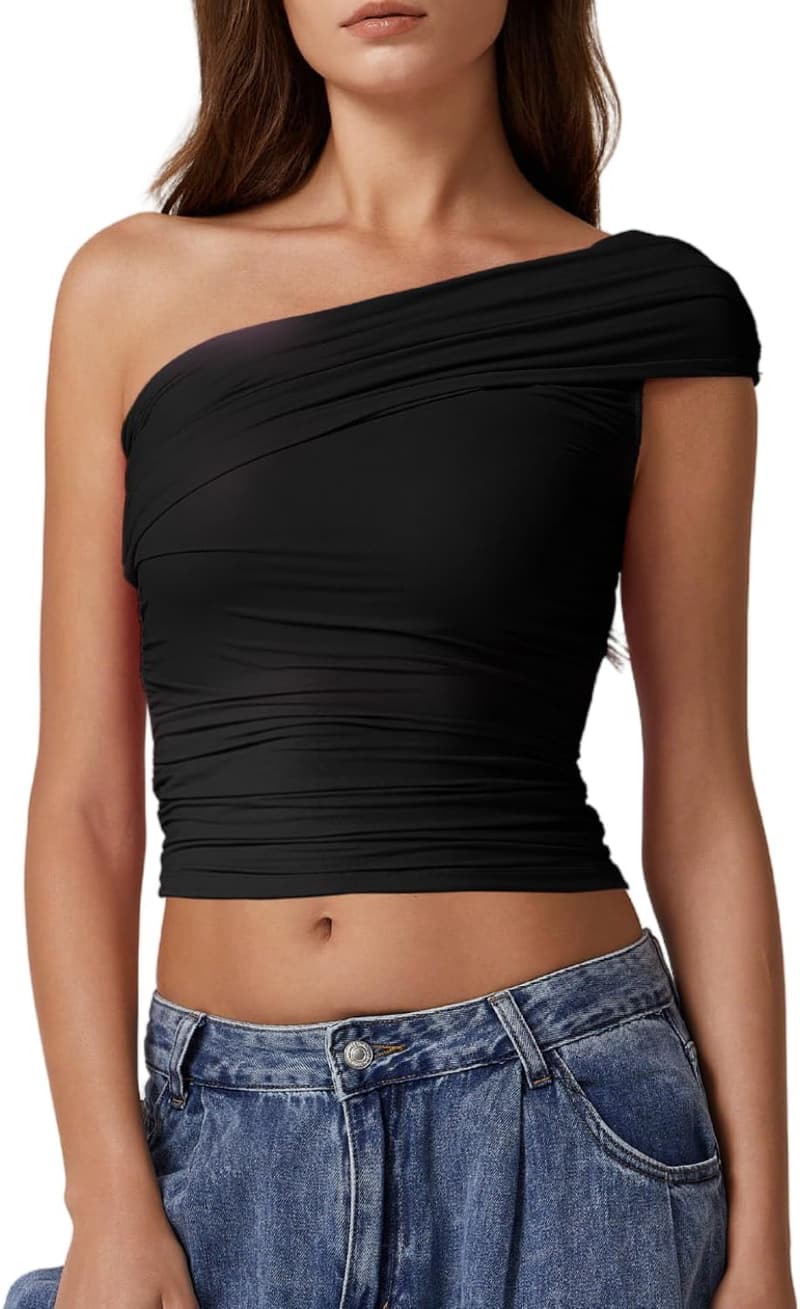Summer Crop Top - Trendy One-Shoulder, Double-Lined T-Shirt