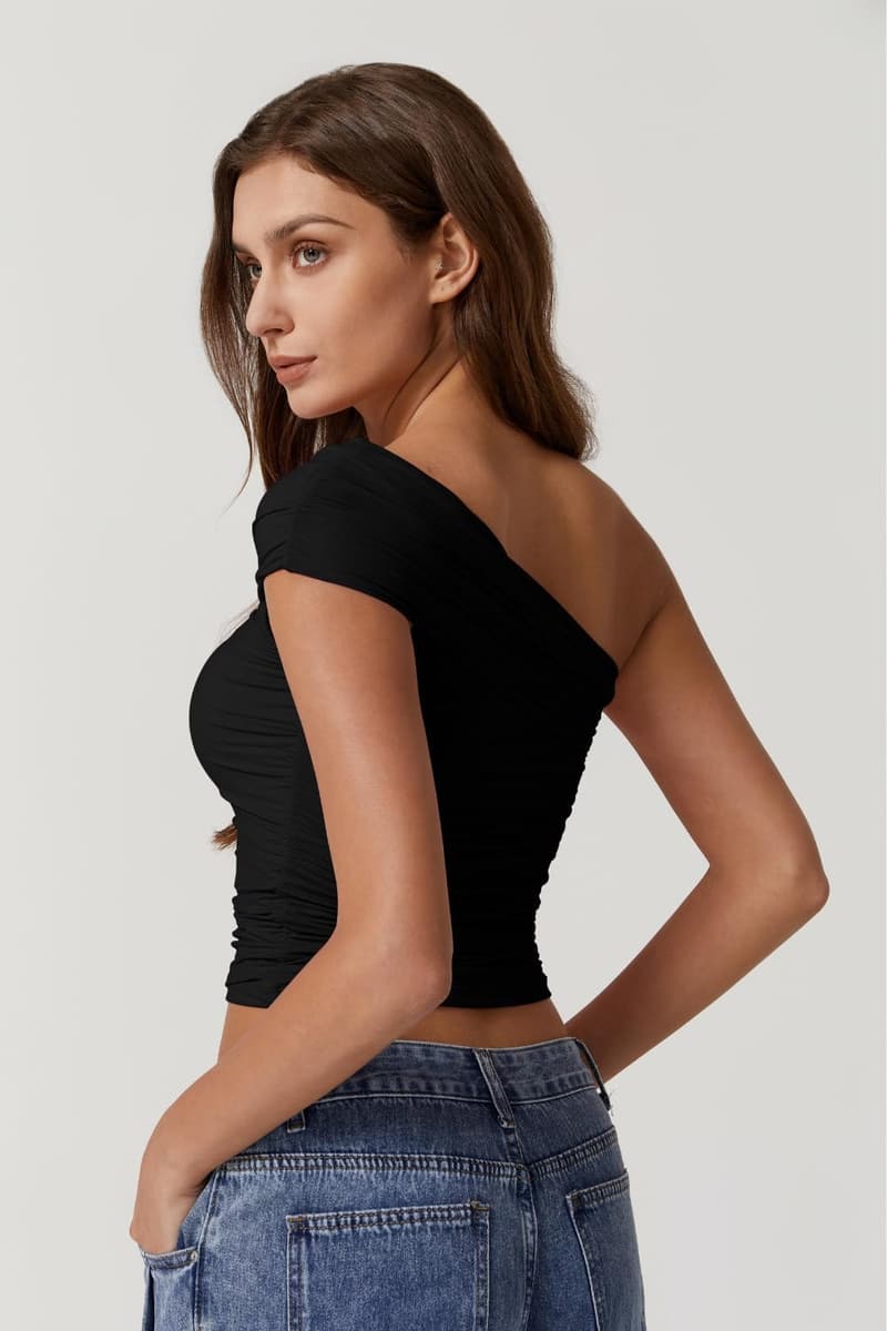 Summer Crop Top - Trendy One-Shoulder, Double-Lined T-Shirt