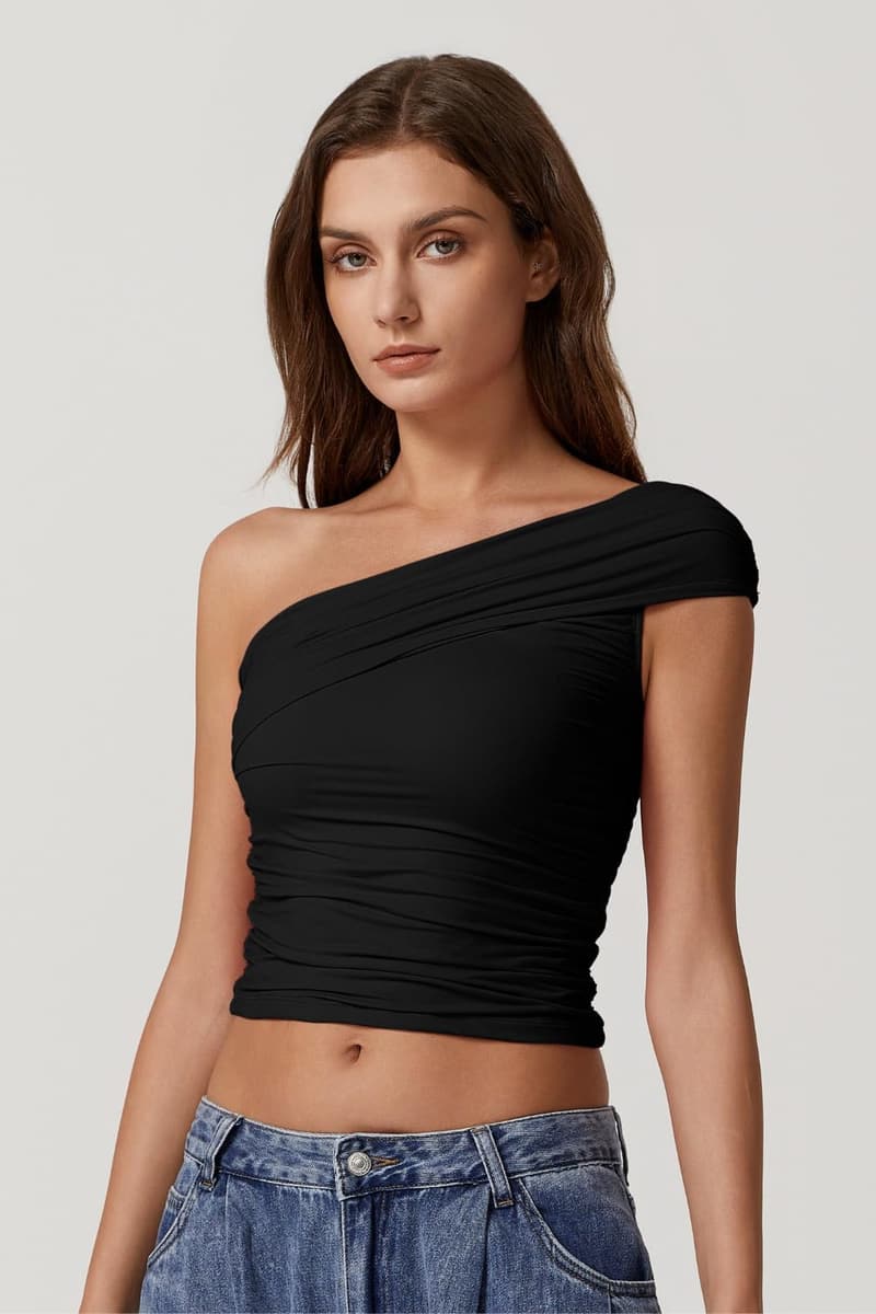 Summer Crop Top - Trendy One-Shoulder, Double-Lined T-Shirt