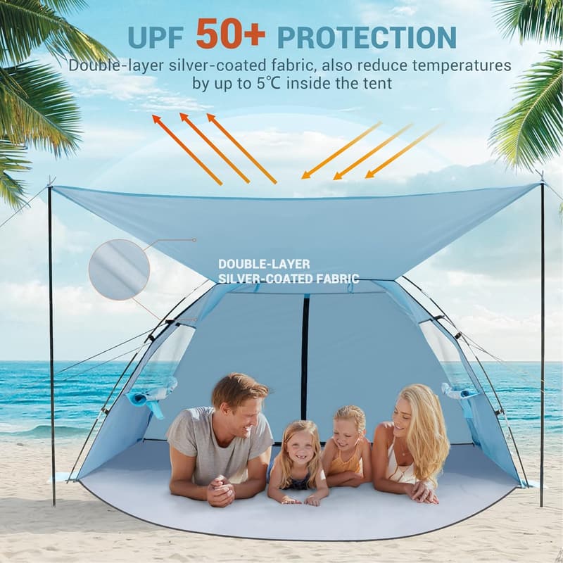 Portable Beach Tent with UPF 50+ UV Protection - Sky Blue