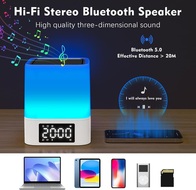 Bluetooth Night Light Speaker for Teens with Alarm Clock and RGB Colors