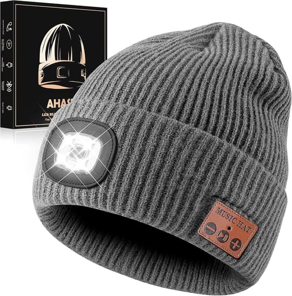 Rechargeable Bluetooth Beanie Hat with 4 LED Headlamp - Grey