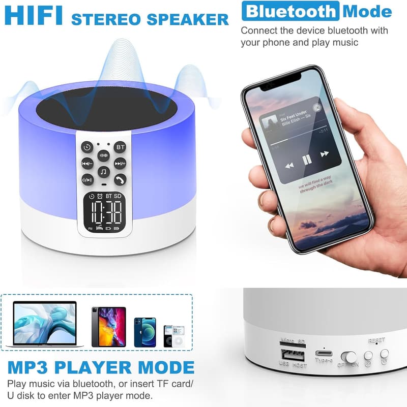 RGB Night Light Bluetooth Speaker Alarm Clock for Teens
