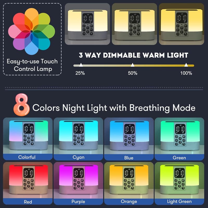 Multi-Color Bluetooth Night Light Alarm Clock for Teens