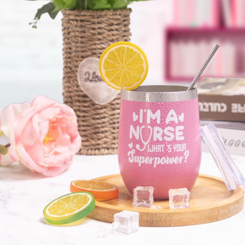 Nurse Appreciation Gift: Wine Tumbler & Accessories (Pink)