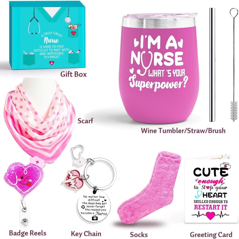 Nurse Appreciation Gift: Wine Tumbler & Accessories (Pink)