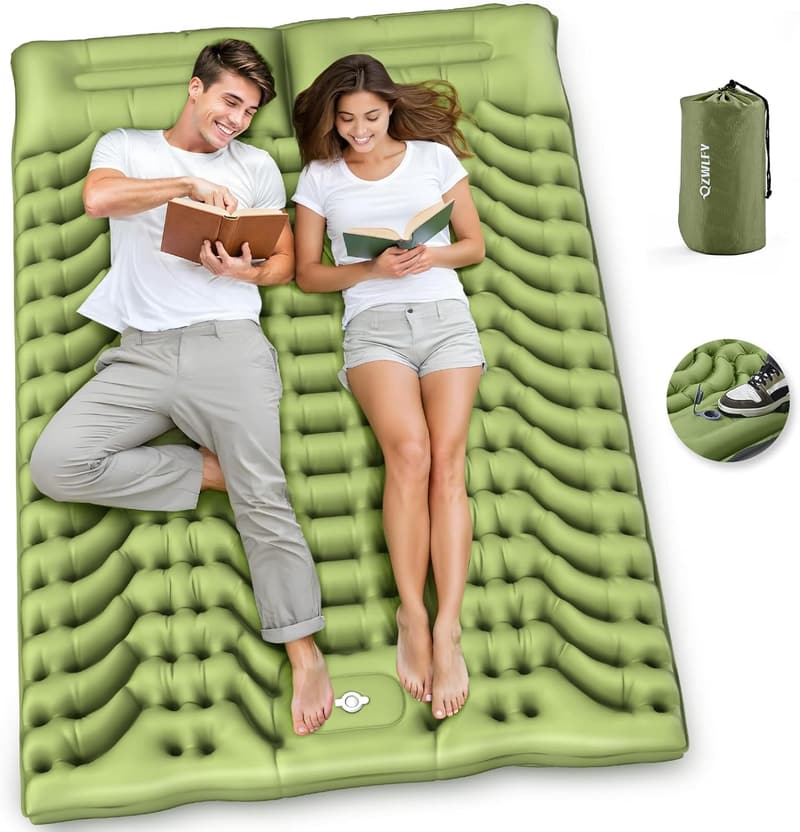Double Self-Inflating Sleeping Pad for 2 with Built-in Pillow