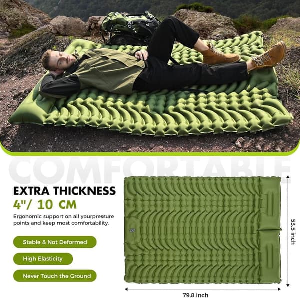 Double Self-Inflating Sleeping Pad for 2 with Built-in Pillow