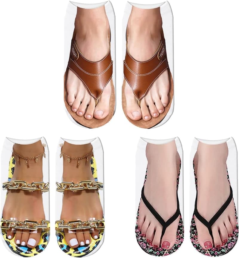 Funny Flip Flop 3D Print No-Show Socks for Women (3 Pairs)