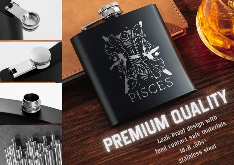 Pisces Birthday Gift: Stainless Steel 6oz Hip Flask