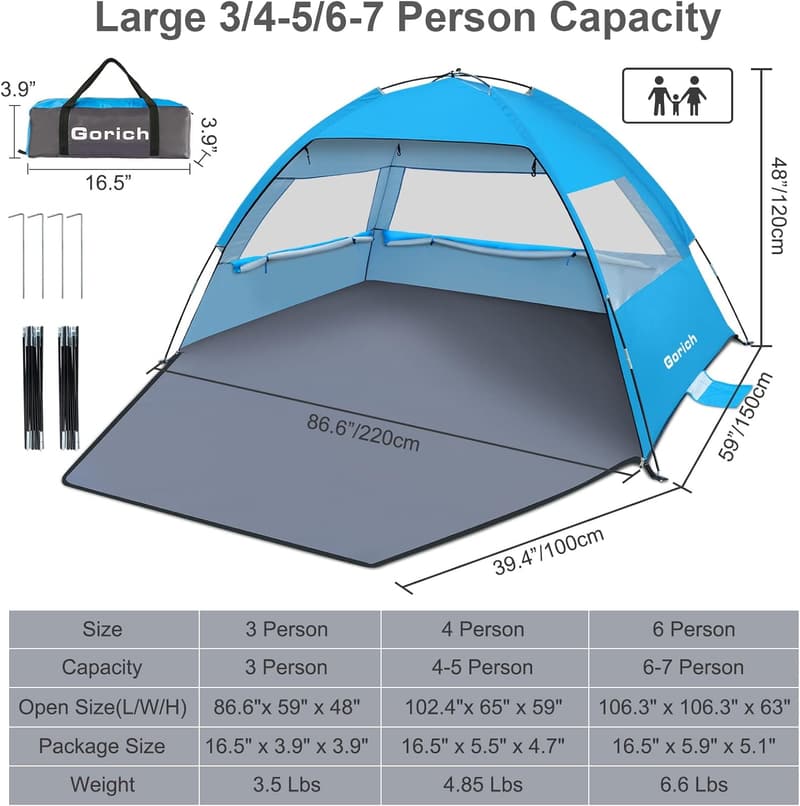 Portable Beach Tent Canopy for 3-10 Persons with UV Protection