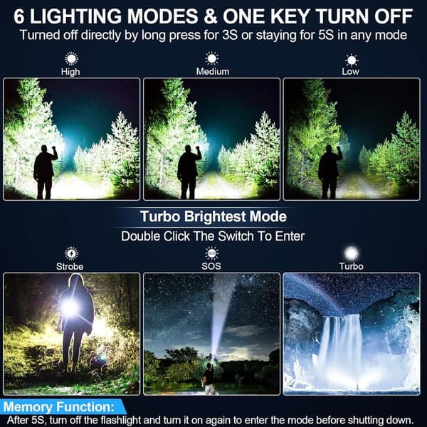 High Lumens Tactical Flashlight - Waterproof, Rechargeable, 6 Modes
