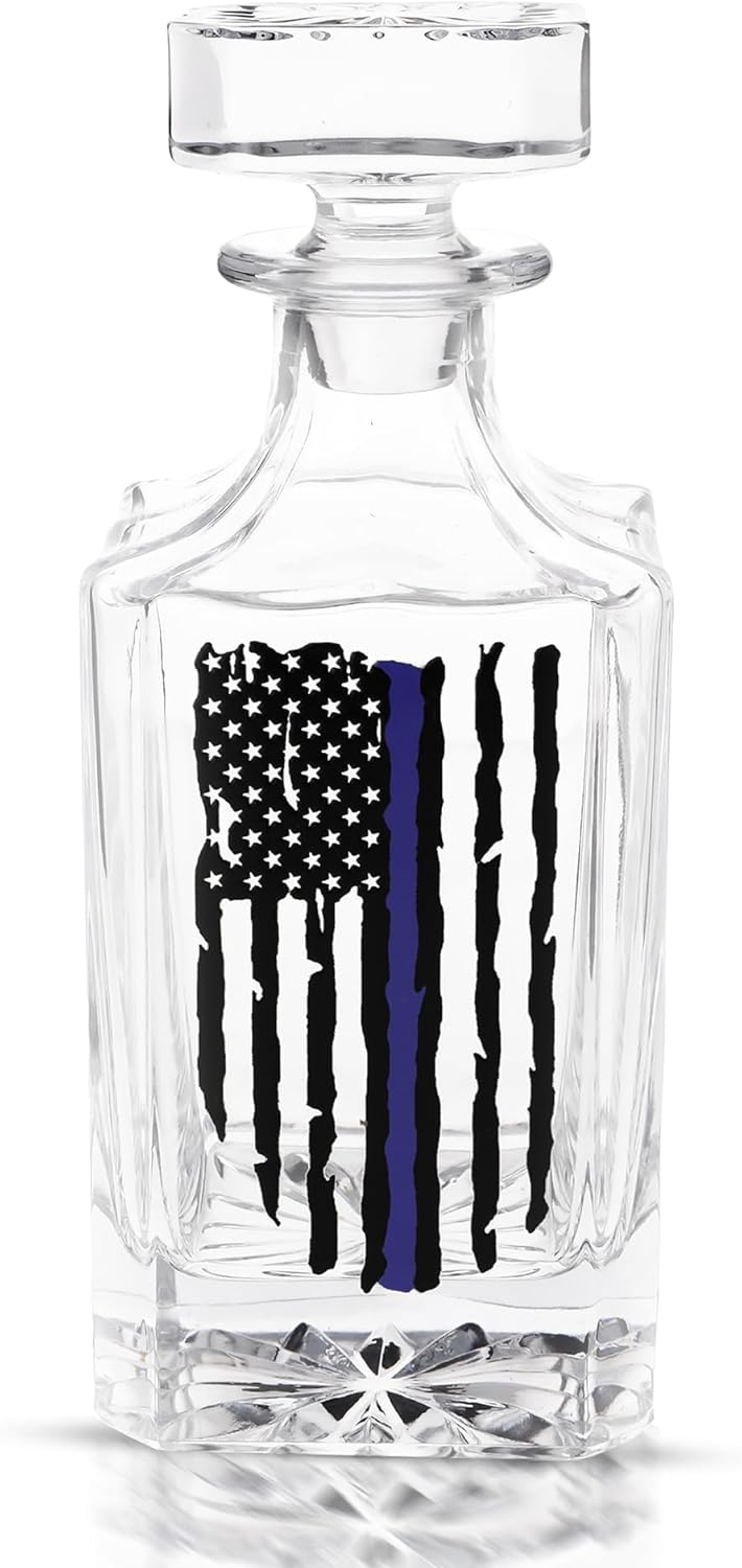 Father's Day Custom Whiskey Decanter for Men - Tactical Blue Line Flag